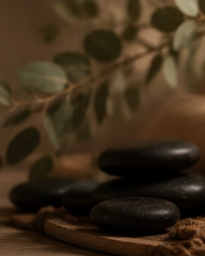 Basalt massage stones on a wooden board beneath eucalyptus leaves